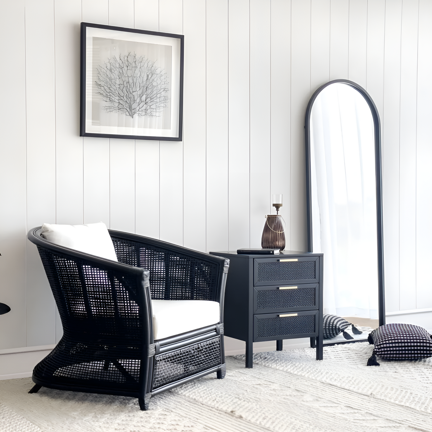 Cayman Rattan Hamptons Armchair Black With White Cushions