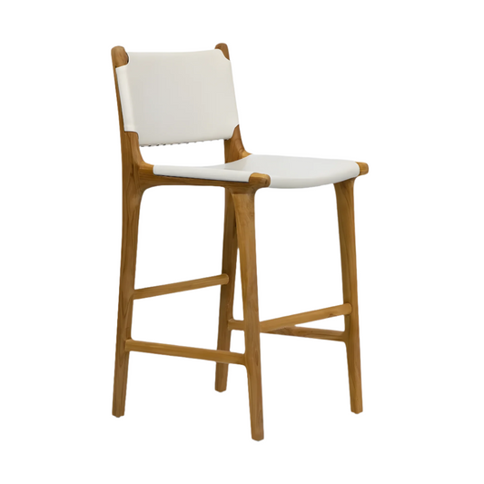 Marvin White Leather & Wood Bar Stool
