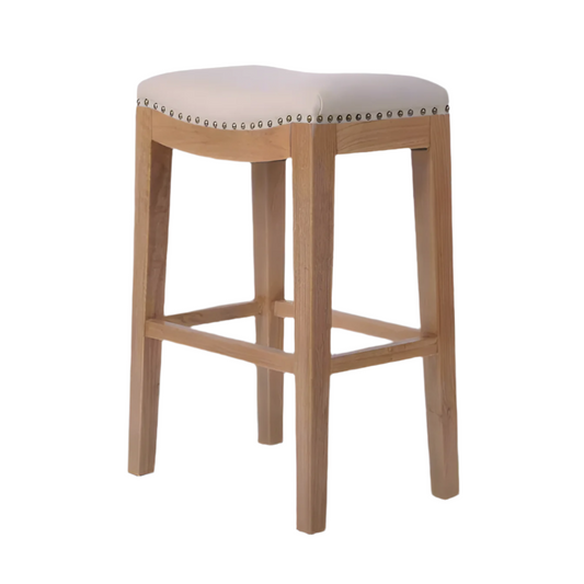 Oakwood Timber Counter Stool, Beige Linen With Studs